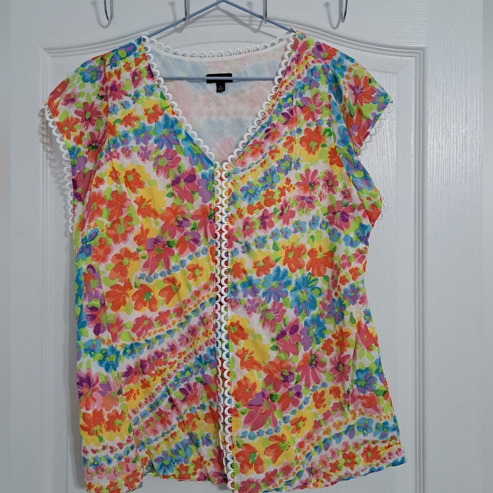 Talbots Floral Cap Sleeve Blouse XL Lightweight Cotton